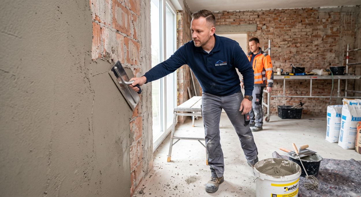 Handwerker bei Verputzarbeiten mit Innenputz